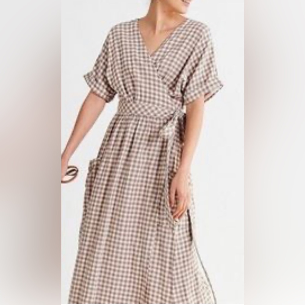 RedBerry Fashion tan gingham midaxi wrap dress
